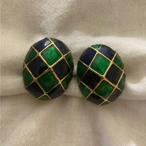 Navy blue & Green Enameled Vintage‎ Harlequin Design Clip on Earring
